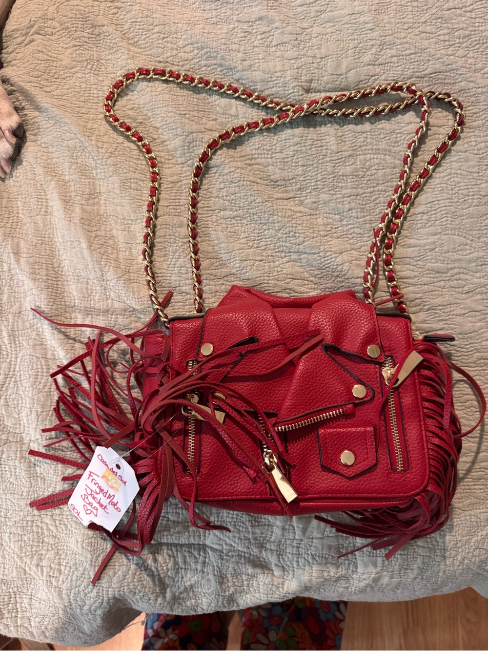 Red Fringe Leather Crossbody Bag with Gold Chain Strap